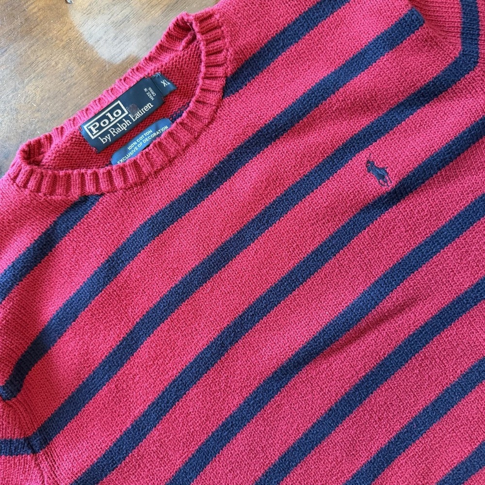 Vintage Polo Ralph Lauren Sweater Mens XL Red Stripe Cotton Knit Crewneck